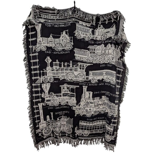 VTG Evolution of Steam Locomotive Trains Tapestry Fringed Throw Blanket 56 x 45 - Picture 2 of 4